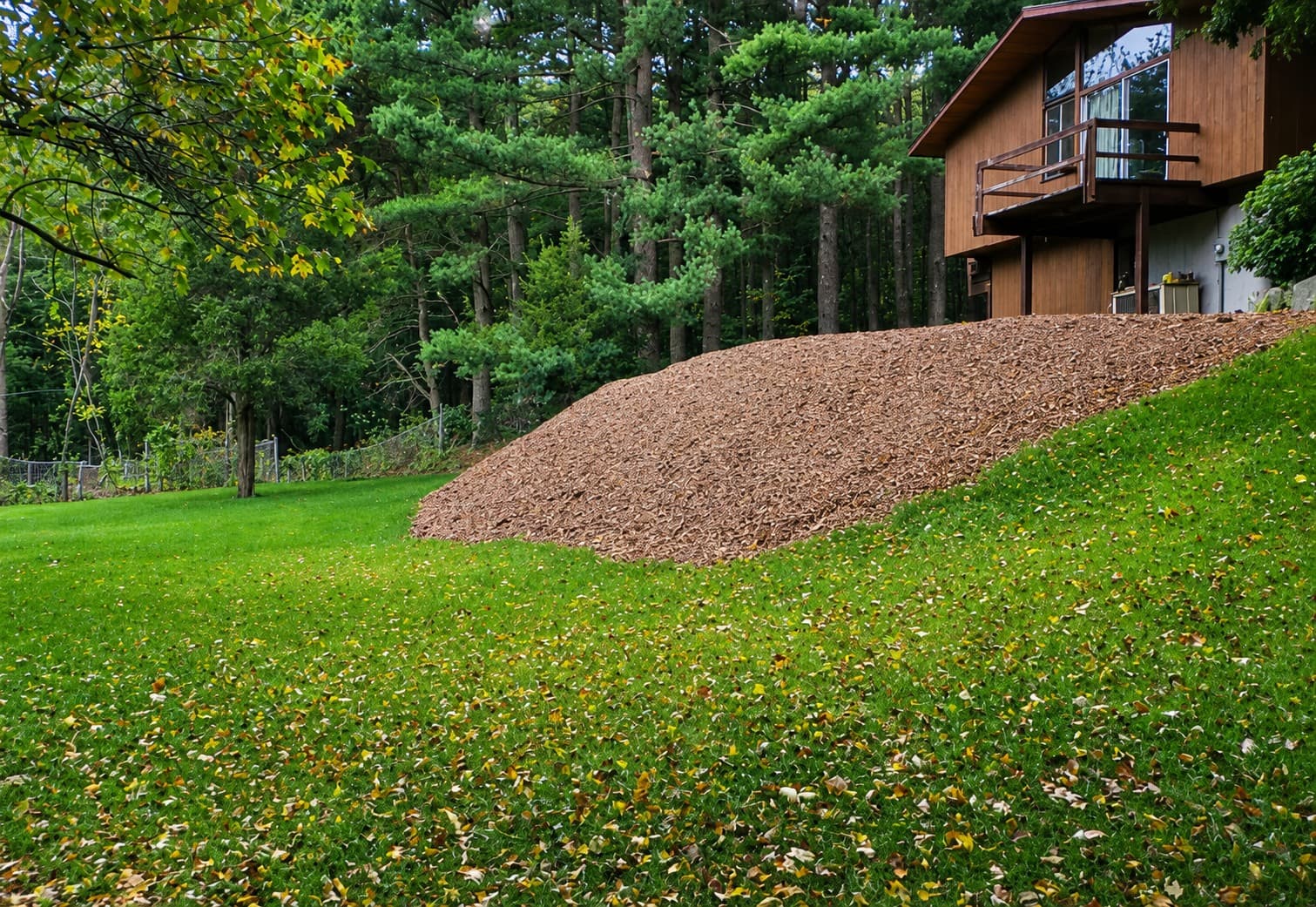 Graded backyard terrace covered with mulch beside a lawn after leveling work